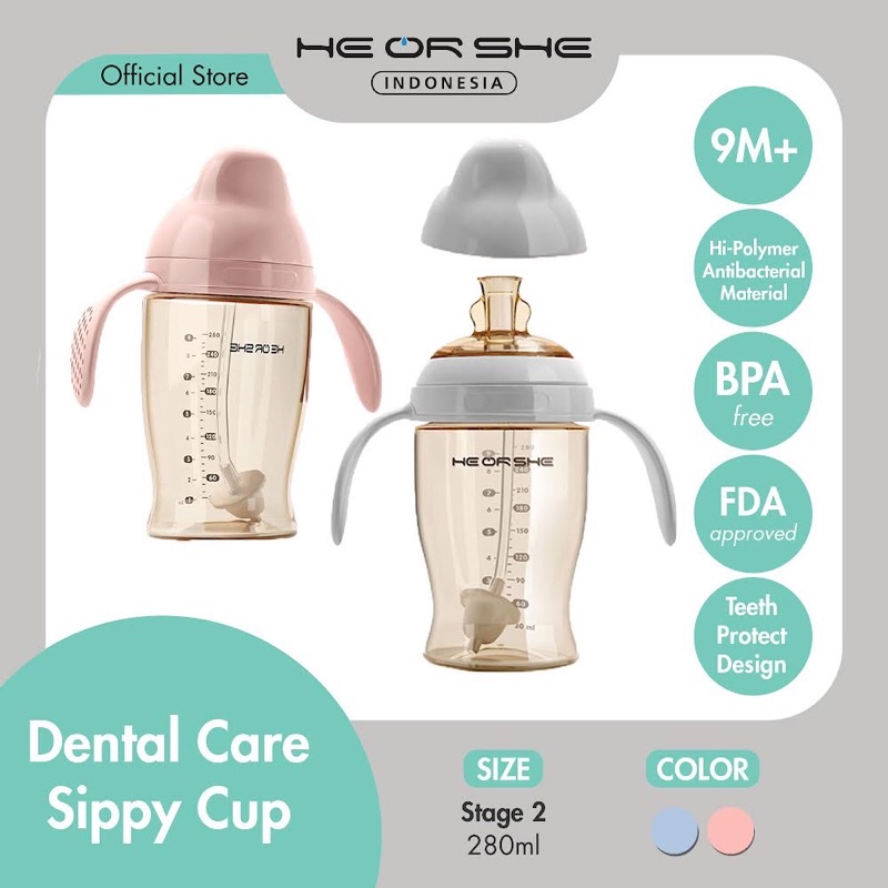 Jual HEORSHE Dental Care Sippy Cup PINK/BLUE 280ML (STAGE 2) Premium