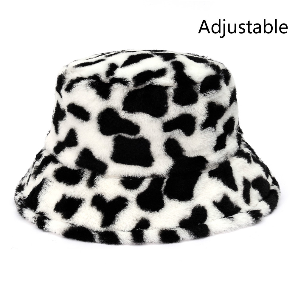 Jual Winter Cow Leopard Faux Fur Fluffy Bucket Hats Women Outdoor