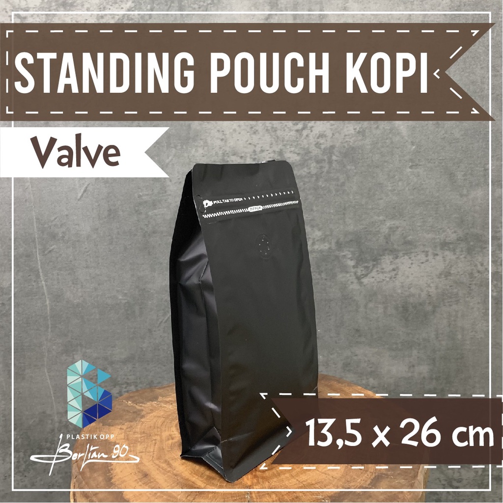 Jual KEMASAN KOPI 300 GRAM STANDING POUCH HITAM FLAT BOTTOM VALVE