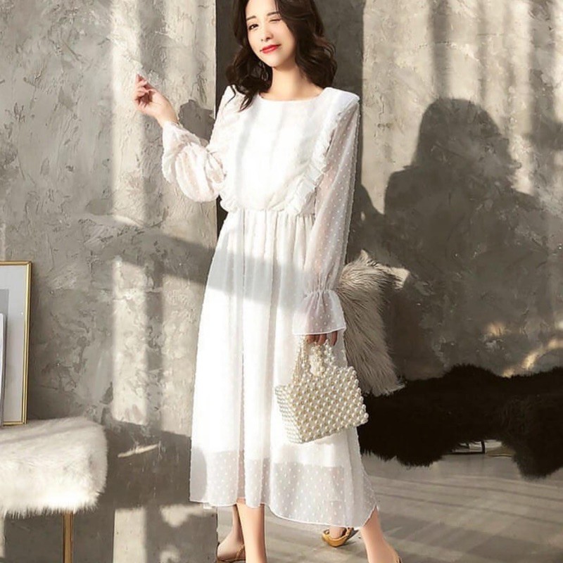 Women Summer Cotton Dresses 3/4 Sleeves Dress V-neck Long Maxi