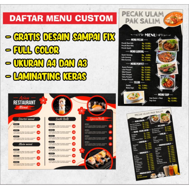 Jual CETAK DAFTAR MENU CUSTOM UKURAN A4 dan A3 | Shopee Indonesia