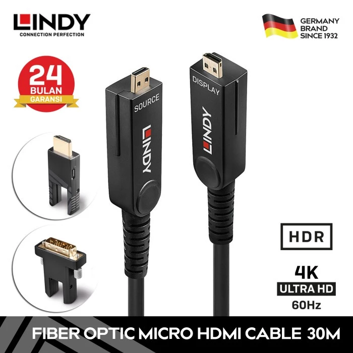 LINDY Kabel Micro HDMI 30m Cable Fiber Optic 3in1 Micro Hdmi HDMI DVI 18G HDR10 HDCP 38322