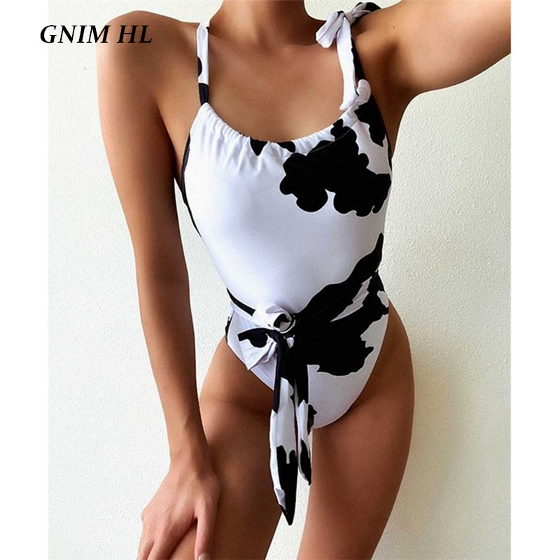 Jual Preorder Gnim Sexy Swimwear Women One Piece Cow Print Bandage Swimsuit Female Vintage 1497