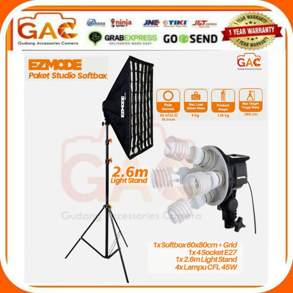 Jual Studio Lighting Stand 4 Lamp + 4 Socket Softbox 60x80cm Grid