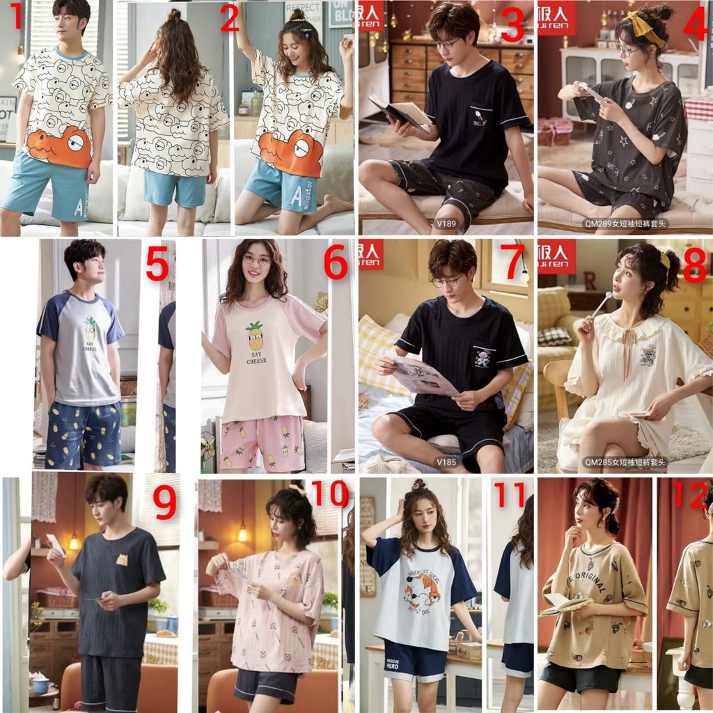 Jual Baju tidur piyama couple lengan pendek celana pendek bahan kaos