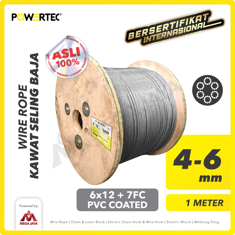 Jual POWERTEC Wire Rope / Kawat Seling Baja 6x12 7FC PVC 4-6mm - 1 ...