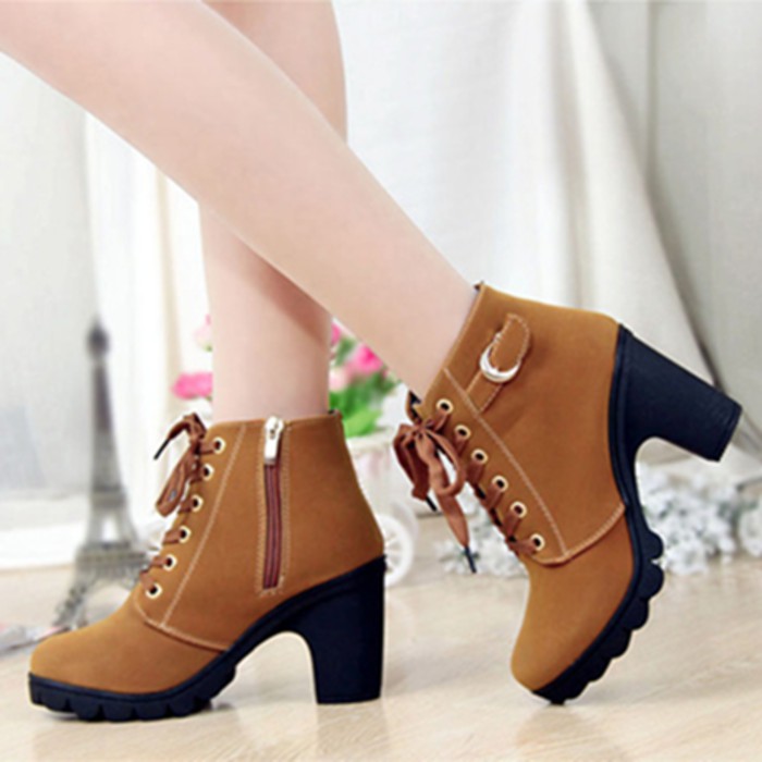Sepatu Boots Heels Wanita Tan Hitam SBO99 Tan, 37 FASHION WANITA SEPATU  BOOTS HEELS MURAH