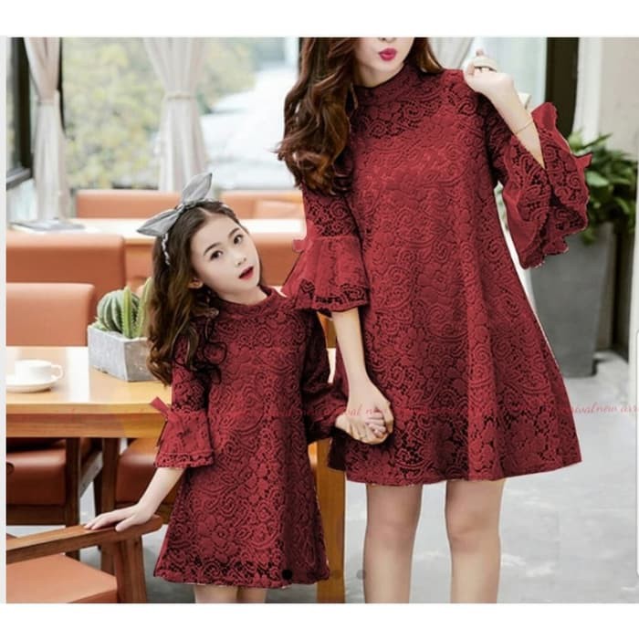 Jual CP Lacey mom and kid MAROON VEDress couple ibu anak brukat  