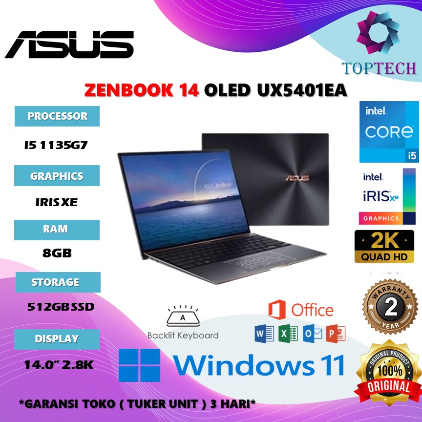 Jual Laptop Asus Zenbook 14 Oled Ux5401ea Touch I5 1135g7 Ram 8gb 512gb Ssd Iris Xe W11ohs 14 0803