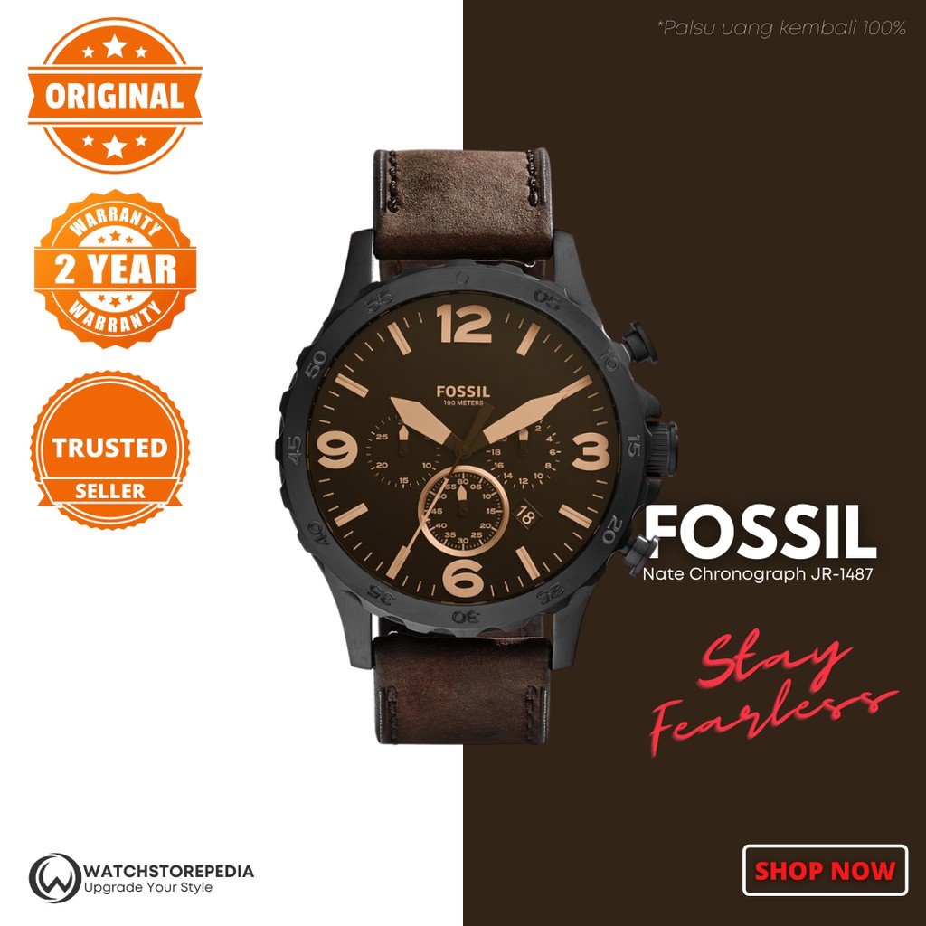 Jual Jam Tangan Pria Fossil Jr Nate Chronograph Brown Leather Strap