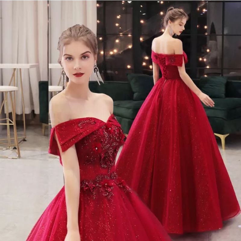 Jual Gaun Wedding Dress New Design Elegant Wine Red Ball Gown Wedding Dress One Shoulder Wedding Dress Bridal Gown Embroidered Princess Evening Dress Shopee Indonesia