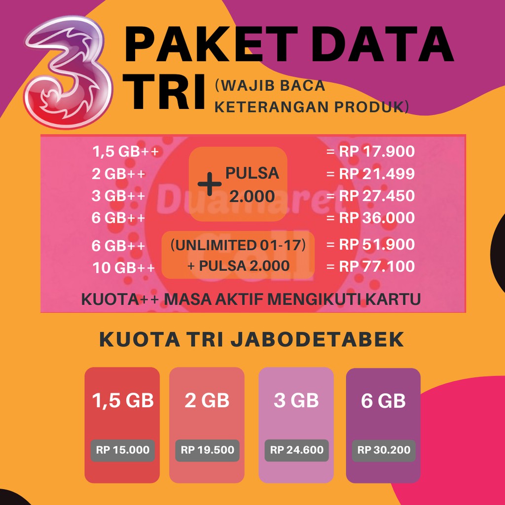 Jual (MURAH) KUOTA TRI 1,5GB, 2GB, 3GB, 6GB, 8GB, 9GB, 10GB, 12GB, 15GB ...