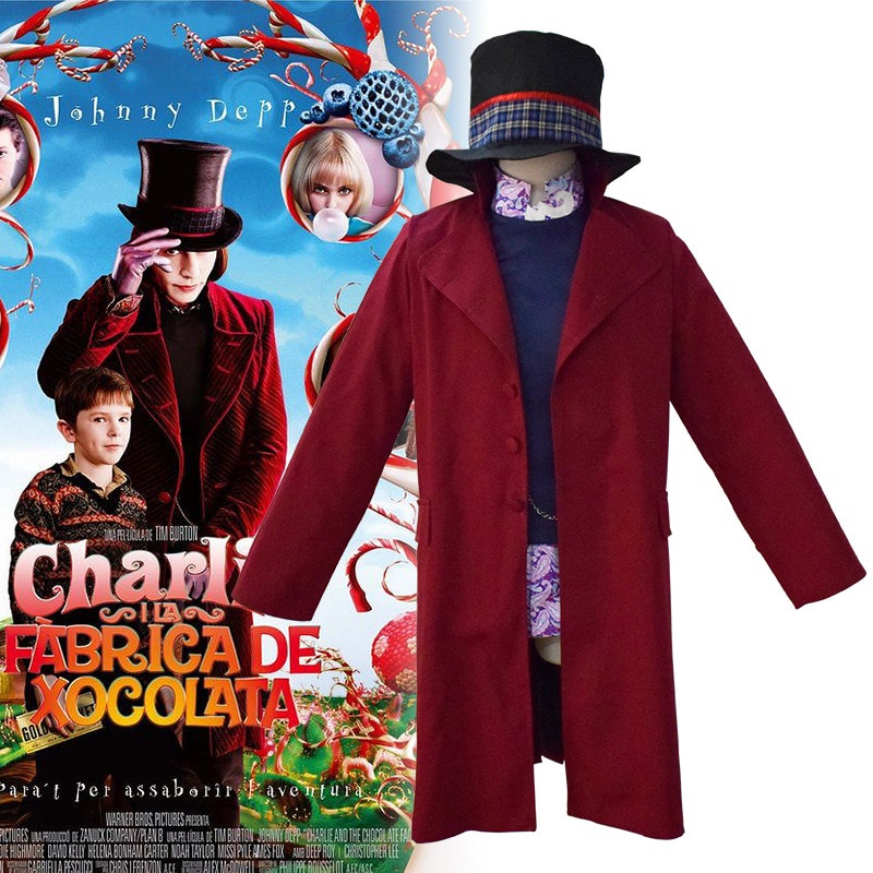 Charlie and the Chocolate Factory Willy Wonka Cosplay Costume Men Red Suit Jacket