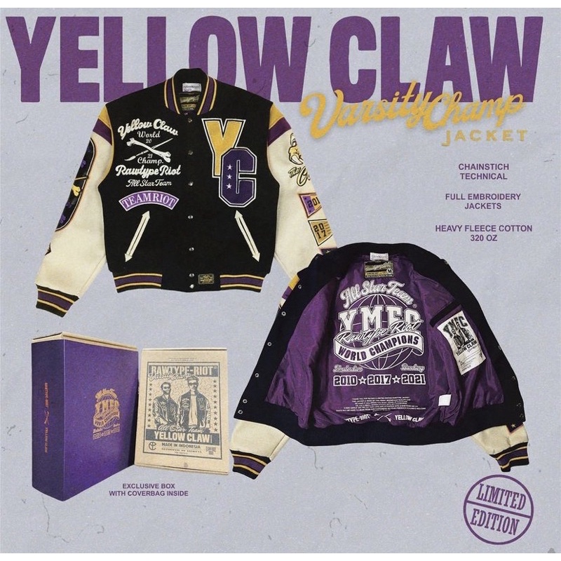 ウェア RWATYPE RIOT x yellow claw Jual RawType Riot x Yellow Claw Varsity Champ Jacket - raw