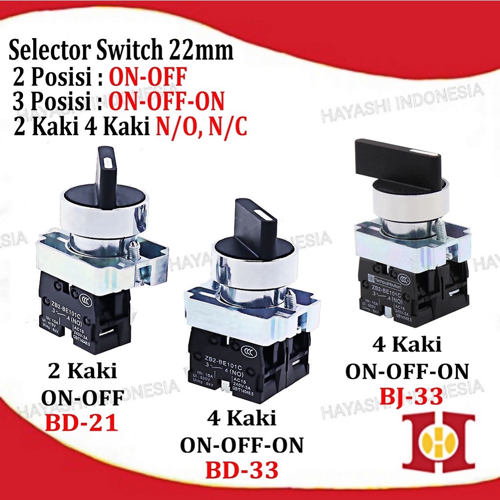 Jual Selector Switch 22mm 2 3 posisi 1 2 NO NC 2 4 Kaki On Off On