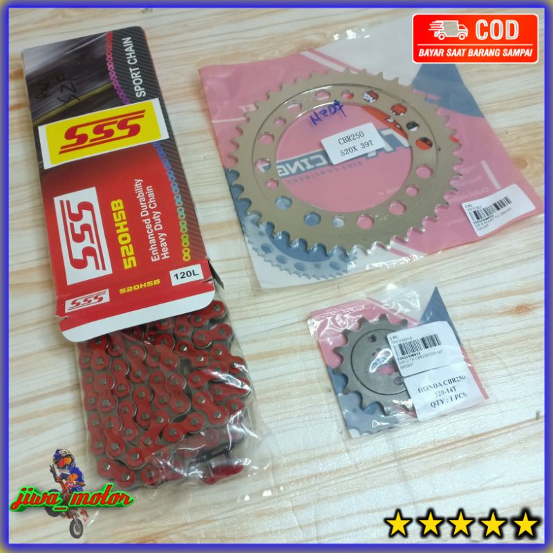 Jual gear set CBR 250 thailand TK racing rantai SSS merah 520HSB