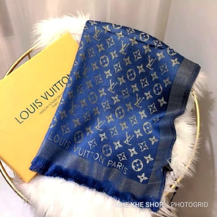 Jual LOUIS VUITTON (LV) PREMIUM GLITTER PASHMINA/SHAWL/SYAL/SCARF BRANDED -  Biru Diskon