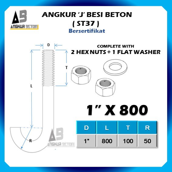 Jual ANGKUR 'J' BESI BETON '1' X 80cm - 25mmX800mm PLUS 2 MUR DAN 1 ...