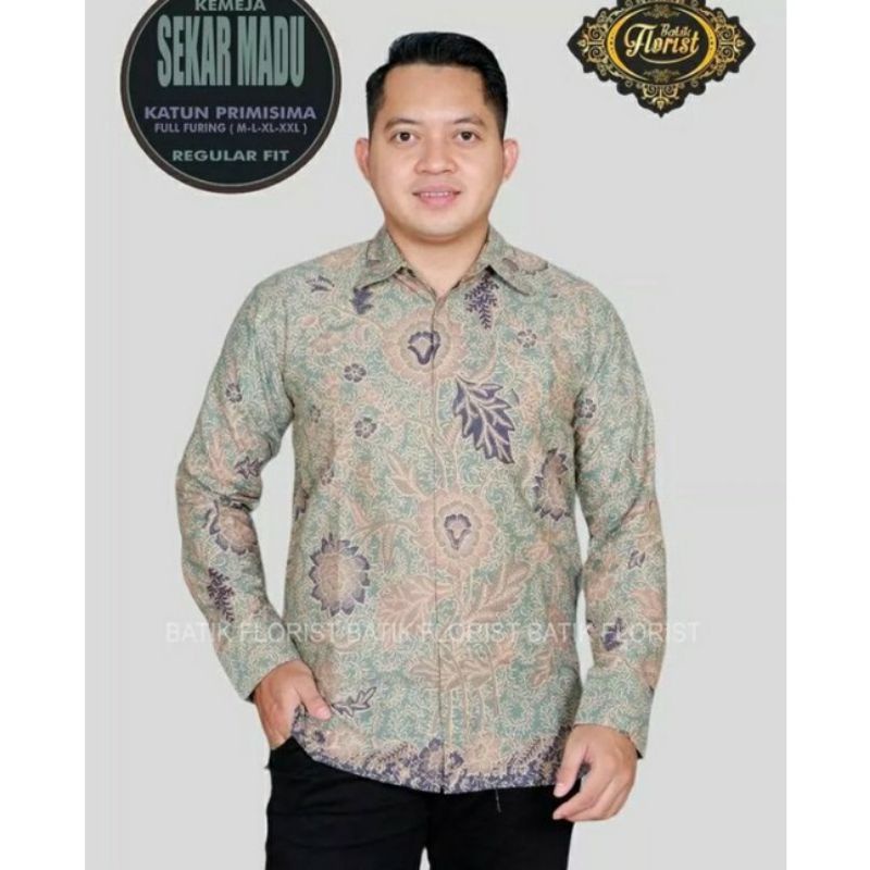 Jual kemeja batik pria warna hijau sage lapis furing batik modern batik