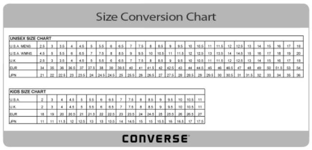 Size chart converse 70s online