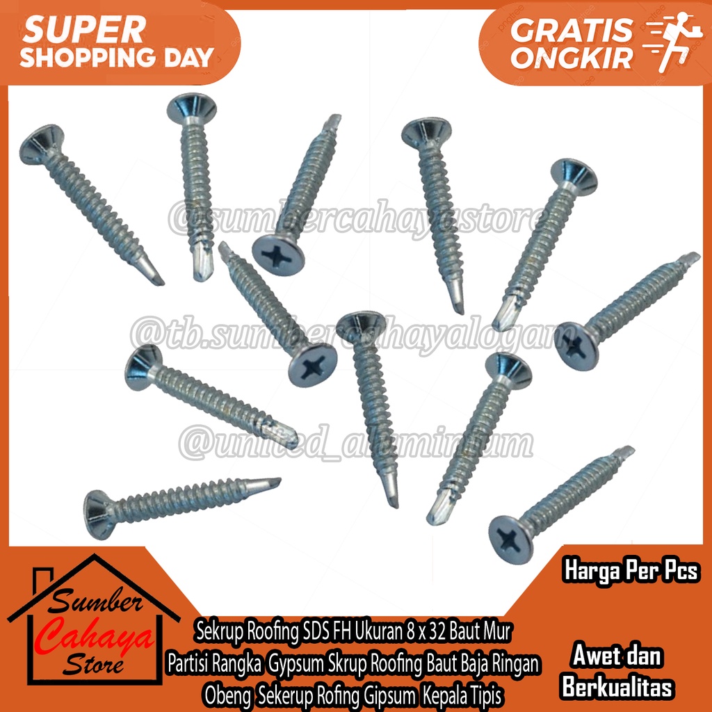 Jual Sekrup Roofing SDS FH SELF DRILLING SCREW FLAT HEAD Putih Ukuran 8 ...