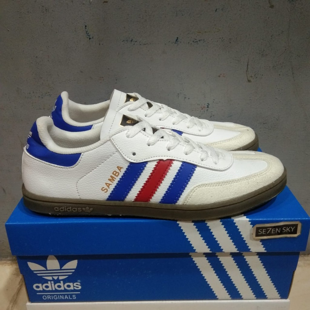 Sepatu Adidas Samba Classic White Blue Red France Leather Men Import