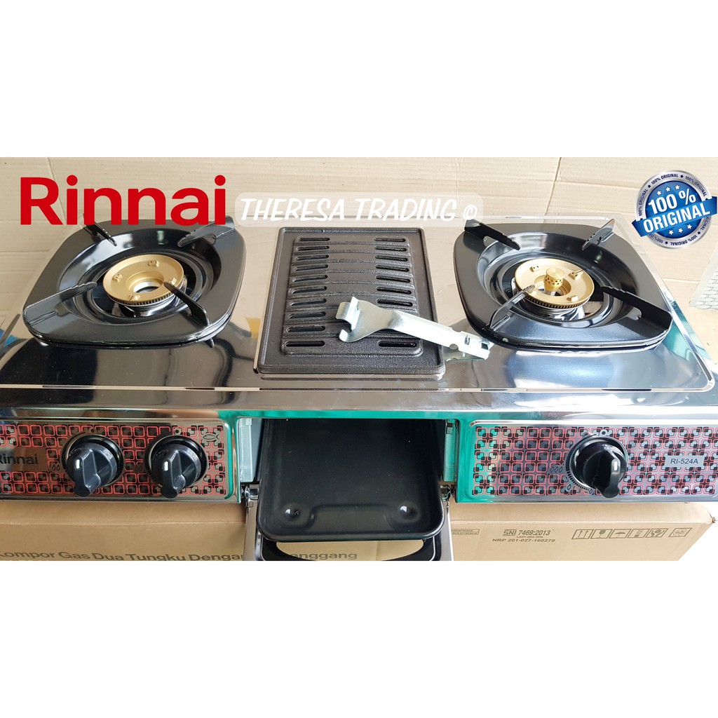 Jual KOMPOR GAS RINNAI 3 TUNGKU 524 A API LILIN STAINLESS STEEL WITH GRILL  PLATE PEMANGGANG BAKAR | Shopee Indonesia