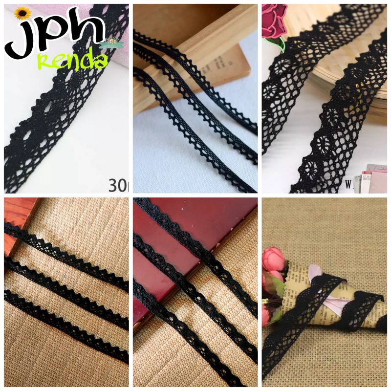 Jual Renda rajut hitam, renda kait hitam isi pergulung 15 yard | Shopee ...
