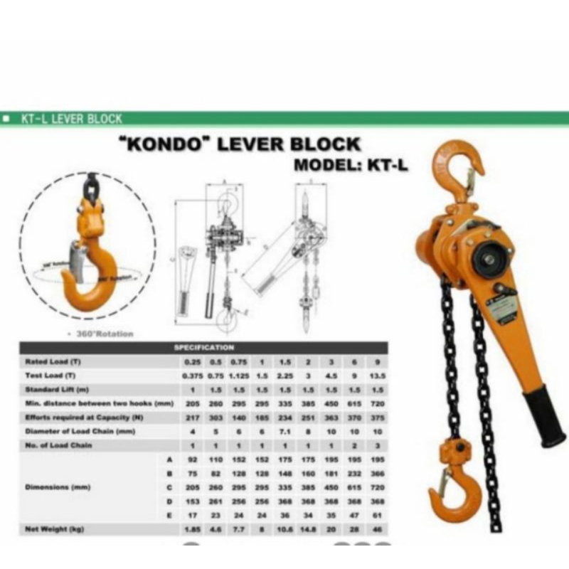 Jual lever block 3 ton Kondotec / Takel Japan Kondotec 3 ton x 5 Meter