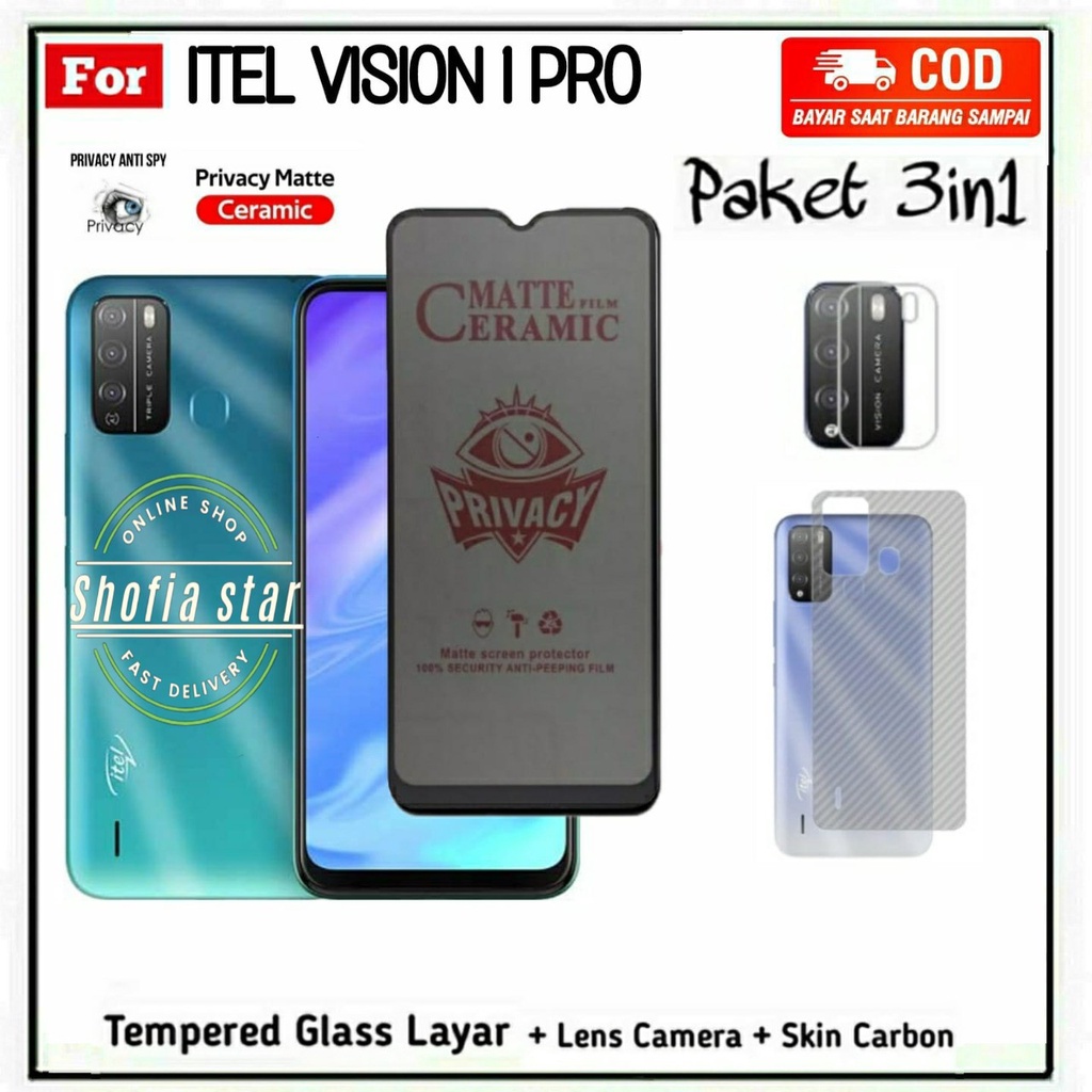 Jual PROMO 3IN1 TEMPERED GLASS CERAMIC PRIVACY ITEL VISION PRO