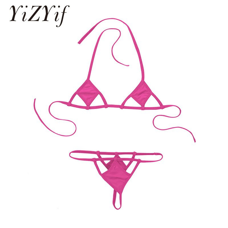 Women Exotic Minimal Cover Mini Micro Bikini Set Halter Neck Self-tie Bra  Top with G-String
