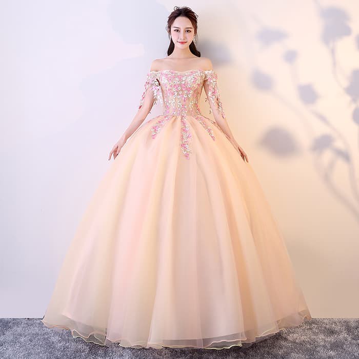 Jual Gaun Pengantin 0240918 Kuning Sabrina Lengan Siku Wedding Gown ...