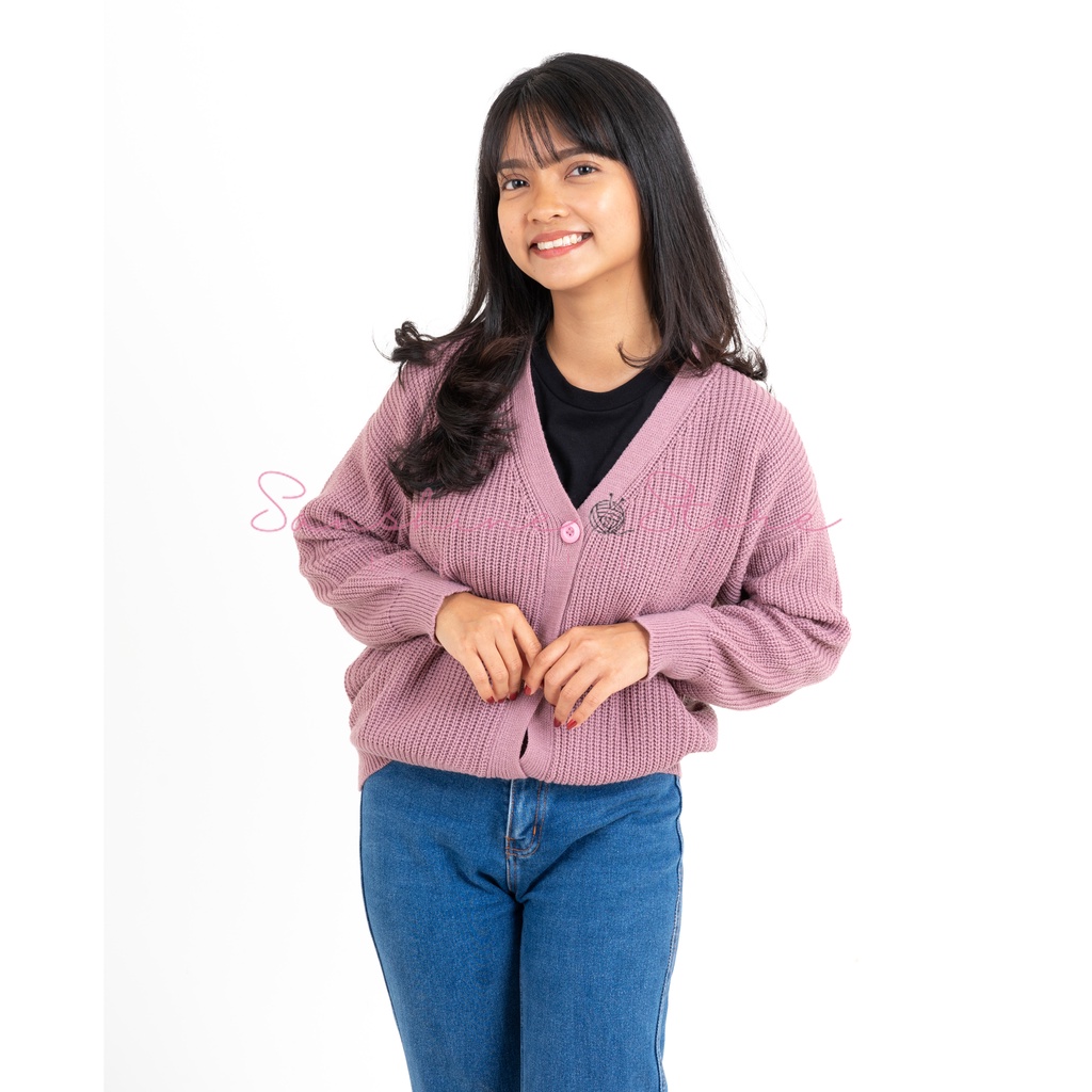 Jual Cardigan Rajut Wanita Premium Tebal Zia Knit Sweater Semi Crop Cardy Warna Kancing Senada