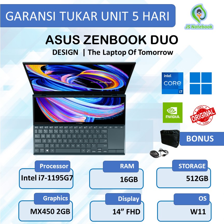 Jual ASUS ZENBOOK DUO UX482EG TOUCH I7-1195G7 16GB 512SSD MX450 2GB W11 ...