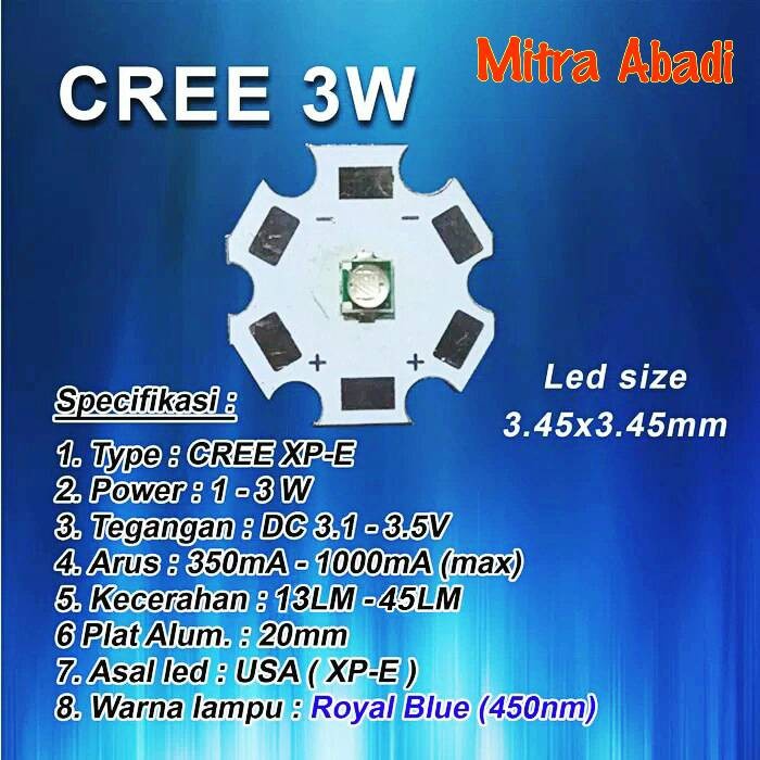 Jual HPL CREE 3 Watt ROYAL BLUE 450 NM XPE Diameter 16 mm 20 mm | Shopee  Indonesia 10個 3W LED XPE XP-E R3 ハイパワー LED チップ ウォームホワイト コールドホワイト 3000K 6500K