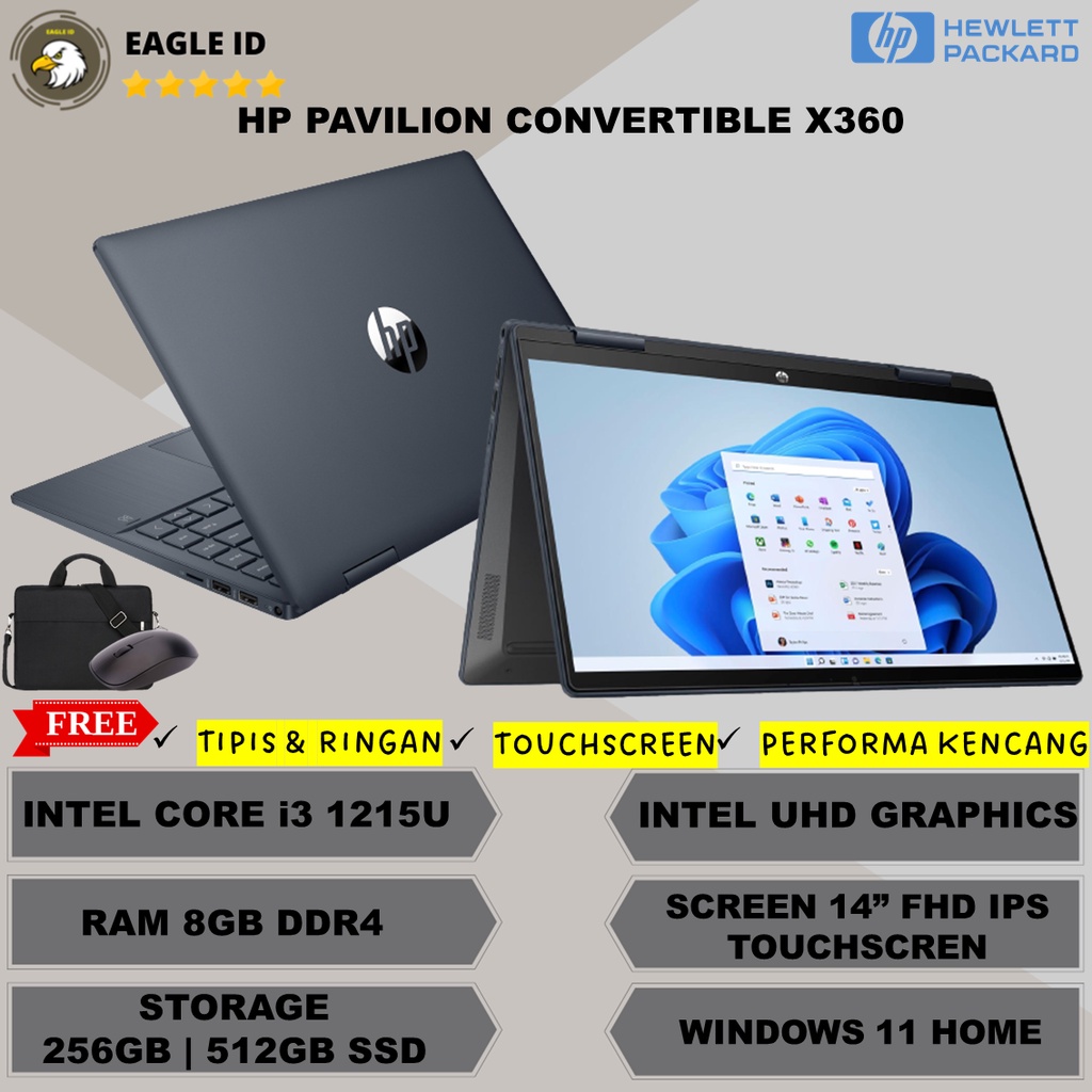 Jual Laptop 2in1 Touchscreen Hp Pavilion X360 14 Intel Core I3 1215u Ram 8gb 512gb Ssd Windows 0692