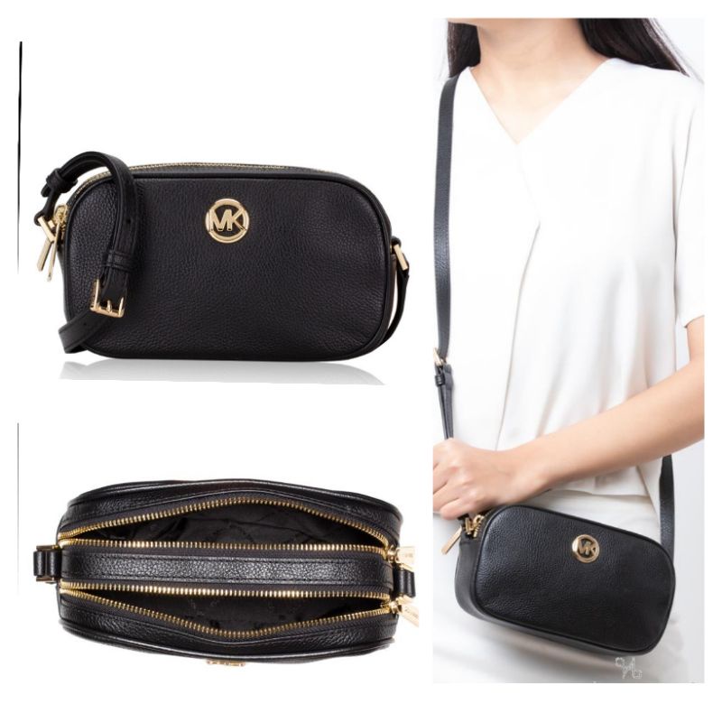 TAS WANITA MICHAEL KORS FULTON DOUBLE ZIP CROSSBODY BLACK LEATHER