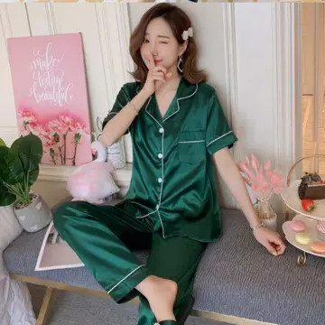 RULIF Baju Tidur Wanita Bahan Satin Halus Polos Lengan Pendek Kerah Kancing
