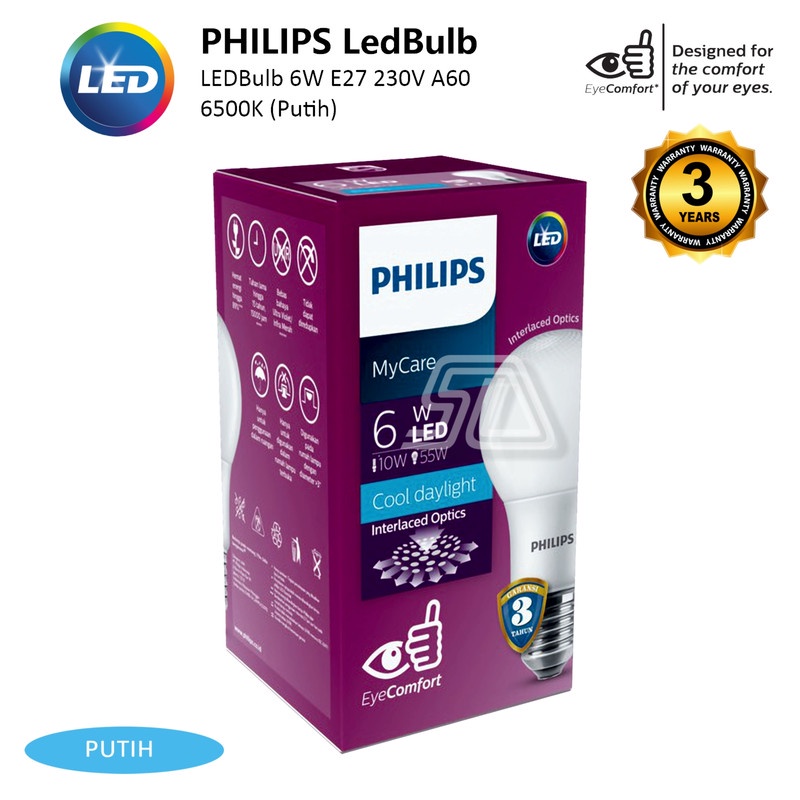 Jual Lampu Philips LEDBulb 6W E27 230V A60 MyCare Putih 6500K | Shopee ...