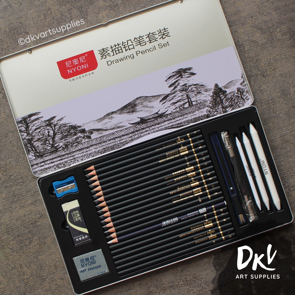 NYONI Sketching Pencils Set, Metal Box Packaging, Including Graphite  Pencils、Charcoal Pencils、Blending Stumps and other tools for drawing (A set  with