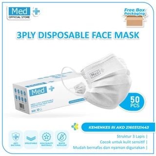 Med+ Masker 3Ply Putih 50 Pcs / Masker 3Ply Kemenkes Disposable Face Mask