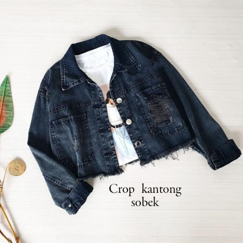 Jual triana_fashion Jaket Jeans Sobek Robek Ripped Wanita Crop Top