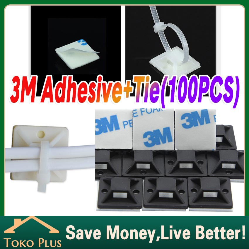Jual 100pcs Kabel Ties + 100pcs Cable Ties Mount 20*20 mm 3M Tempel ...