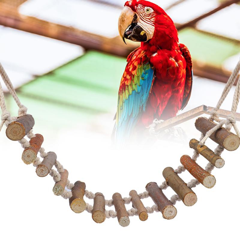 Wooden Bird Ladder Bridge Toy - 10CM Cotton Rope Suspension Bridge For Parrots, Hamsters & Small Pets