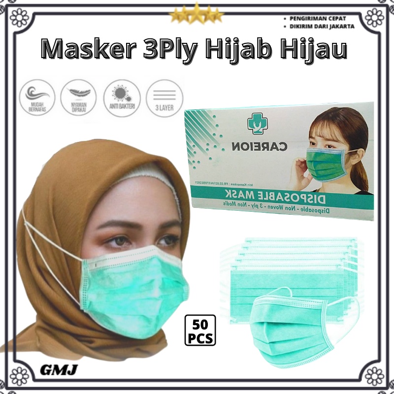 Jual Masker 3Ply Hijab Hijau Headloop 3 ply Facemask Disposable Premium ...