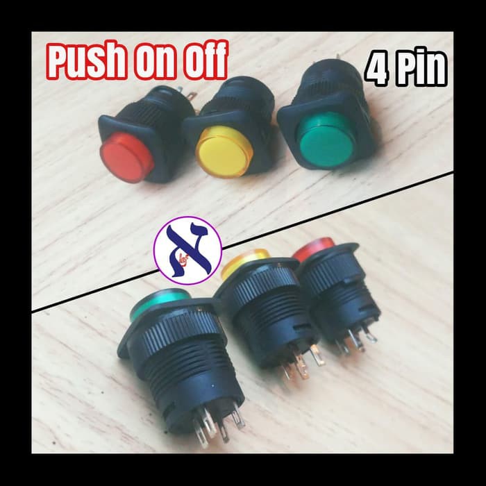 Jual Tombol Push on off 4 pin kaki indikator merah kuning hijau saklar ...