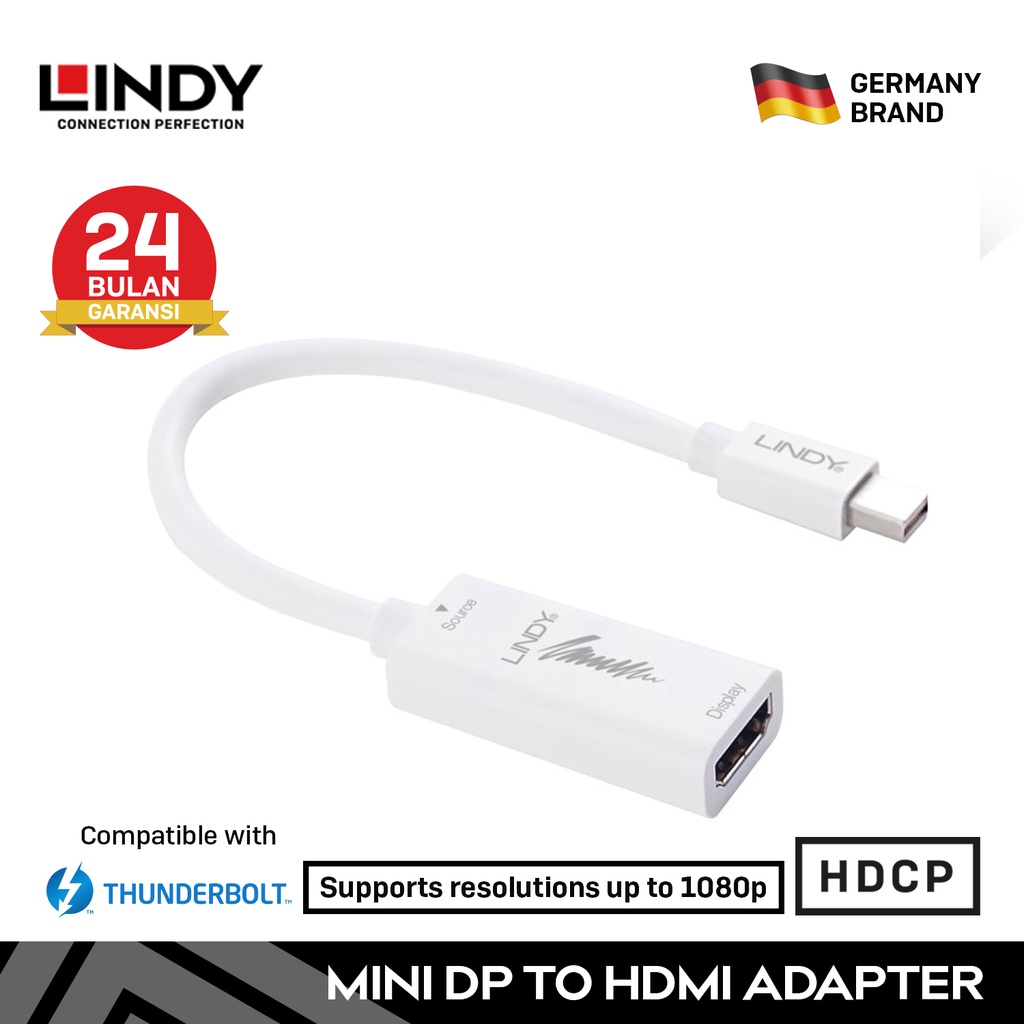 LINDY Converter Mini DisplayPort to Hdmi Adapter Mini Dp Male To Hdmi  Female HDCP DPCP Passive 1080P 41014
