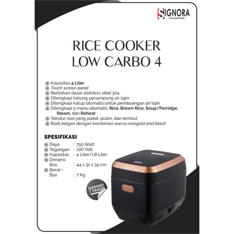 Jual RICE COOKER LOW CARBO 4 Liter SIGNORA + bonus hadiah | Shopee ...
