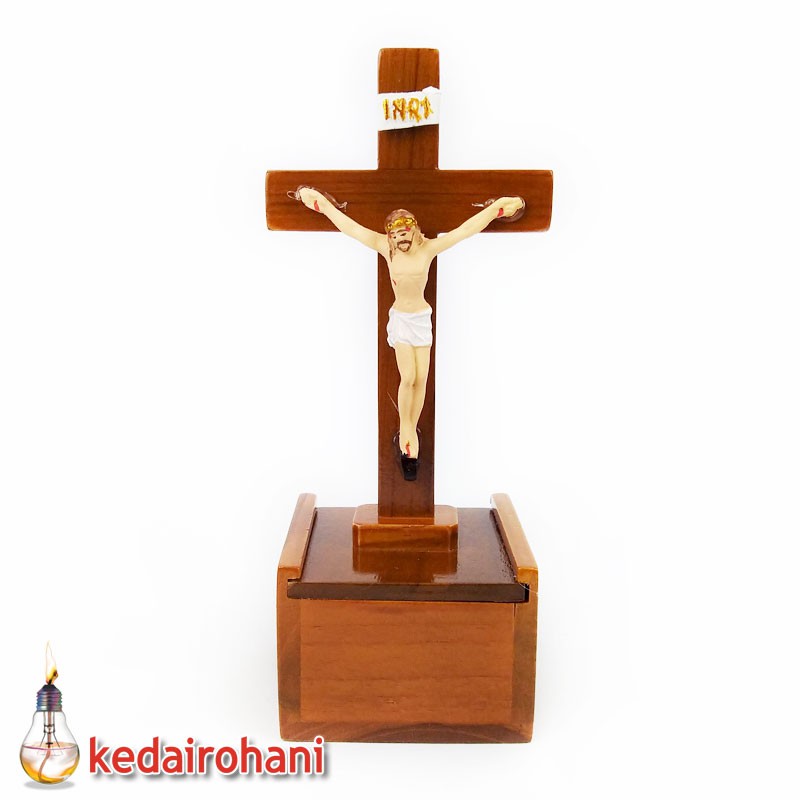 Jual Salib Duduk Meja Kayu Jati dengan Kotak Rosario Benda Rohani ...