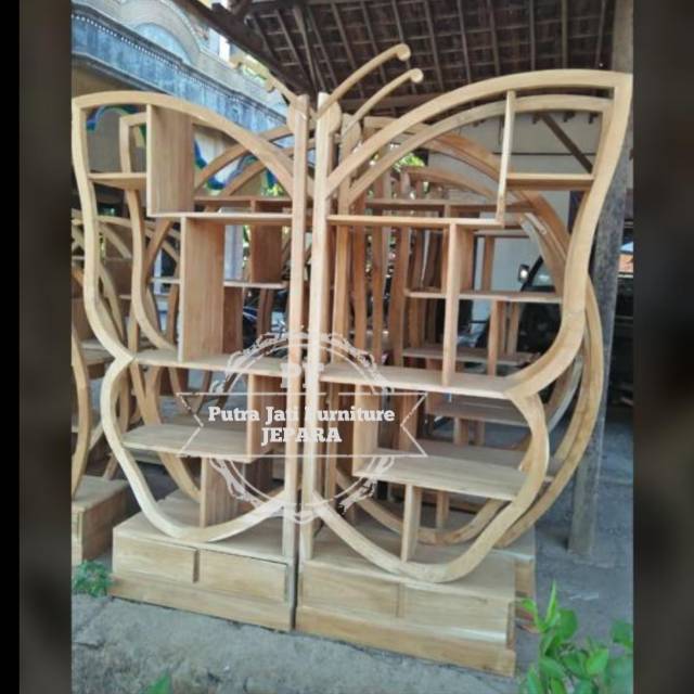 Jual Bufet rak buku hias pajangan ruangan model kupu kupu bahan kayu